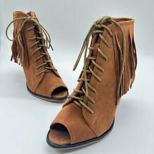 Forever Boots Womens 6.5 Brown Open Toe Fringe Bohemian Ankle Boots‎  NEW